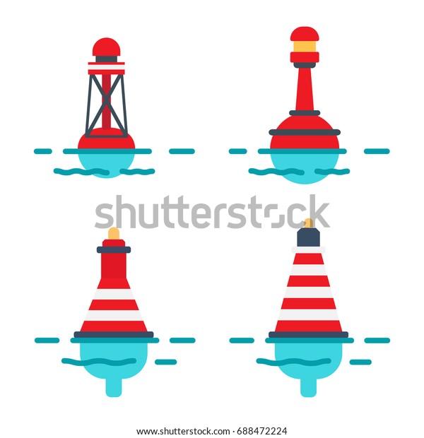 Striped red plastic buoys with lighter on top in\
blue water isolated flat vector illustrations set on white\
background. Equipment for safety in\
sea.