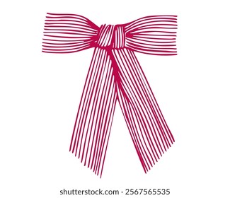 Striped red ribbon bow illustration isolated on white background. Minimalist graphic design. Gift wrapping and holiday decoration concept for design and print.