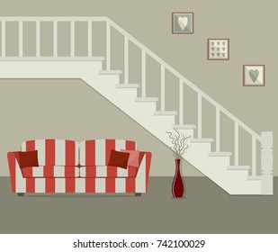 Striped red sofa, located under the stairs. There is also a big vase with decorative branches and pictures in the frames in the image. Vector flat illustration.