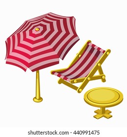 Striped red umbrella and sunbed with table. Vector illustration.