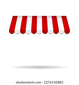 Striped red and white awning with shadow. Template design for shop, marketplace, cafes and street restaurants. Stripe canopy icon. Striped sunshade or tent. Vector illustration