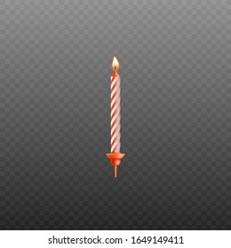 Striped red and white birthday cake candle with realistic fire isolated on dark transparent background - party celebration decoration vector illustration.