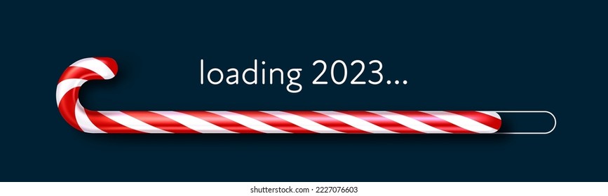 Striped red and white candy cane 2023 loading bar on dark blue background. New year downloading.