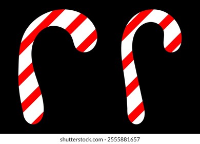 Striped red and white candy cane. Christmas candy. Decoration for Christmas and New Year. Vector illustration isolated on black background.