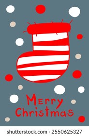 Striped red and white Christmas stocking. Merry Christmas and Happy New Year greeting card and posters in Trendy Colors. Winter holiday vector illustration.