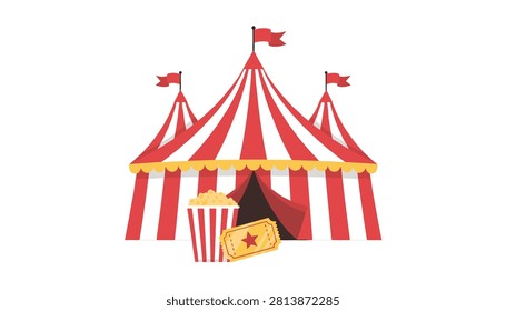 Striped red and white circus tent stands tall with a bucket of popcorn and a single ticket stub in the foreground.