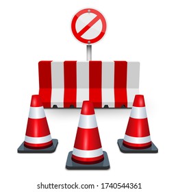Barreras rayadas de hormigón rojo y blanco o plástico que bloquean la carretera.  Señal de carretera. Conos de tráfico de plástico para limitar el transporte de tráfico. Cono de carretera. Señal de tráfico o indicador. Ilustración vectorial.