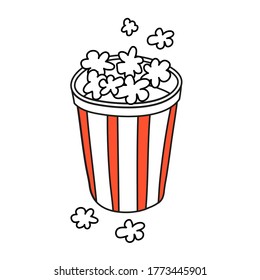 Striped red and white cup with popcorn.