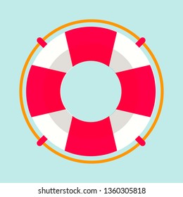 Striped red and white lifebuoy with rope around. Equipment for safety in water. Standard inflatable ring, lifeguard tool isolated vector illustration.
