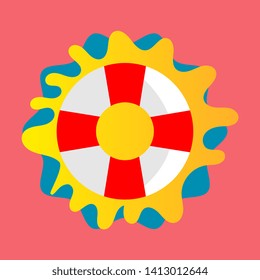 Striped red and white lifebuoy with rope around. Equipment for safety in water. Standard inflatable ring, lifeguard tool isolated vector illustration.