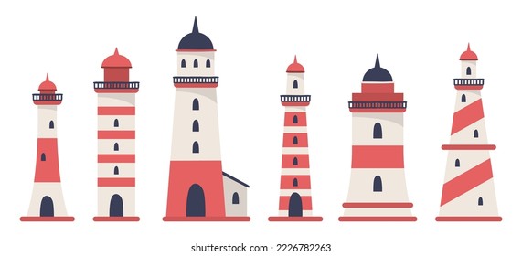 Striped red and white lighthouses vector illustrations set. Beacon towers as elements for landscape or seascape isolated on white background. Traveling, tourism, navigation, sailing concept