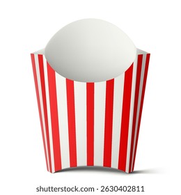 Striped red and white paper french fry box with shadow. Isolated 3d mockup. French fries holder cardboard container empty. Realistic mock-up. Fast street food paperboard packaging. Vector template