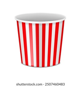 Striped red and white paper popcorn bucket. Isolated 3d mockup. Pop corn round paperboard container. Realistic mock-up. Fast food serving tub. Vector template