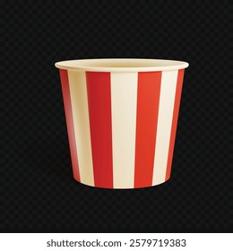 Striped red and white paper popcorn bucket. Isolated 3d mockup. Pop corn round paperboard container. Realistic mock-up. Fast food serving tub. Vector template