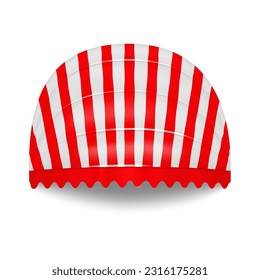 Striped red and white round door awning realistic vector. Scallop edge canopy. Window tent roof for restaurant, cafe, hotel or store. Template for design