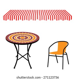 Striped red and white shop window awning and vintage outdoor table and chair.Round table and chair vector