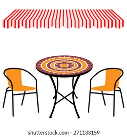 Striped red and white shop window awning and vintage outdoor table and chairs.Round table and chairs vector
