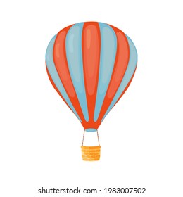 Striped red-blue hot air balloon with basket in cartoon style isolated on white background. Hot air balloon flat design. Adventure tourism concept.