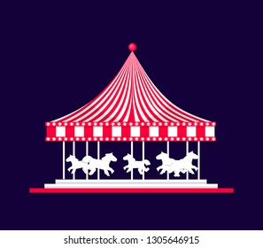 Striped red-white carousel with illumination Carnival on dark night background