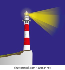 Striped red-white Lighthouse, bright light rays and blue sky as background. Vector illustration EPS10