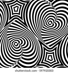 Striped repeating texture with hearts. Abstract vector seamless op art pattern with waving lines. Monochrome  graphic black and white ornament. 