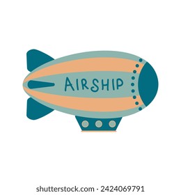 Striped retro blimp with inscription Airship. Perfect print for poster, card, sticker. Isolated vector illustration for decor and design.
