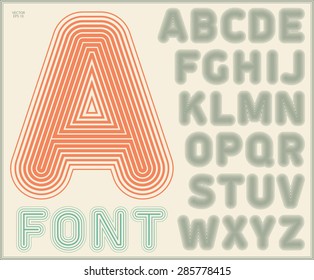 Striped retro style graphic font, vintage alphabet, trendy letters design. Great for use in retro style posters and graphic designs. Vector illustration.