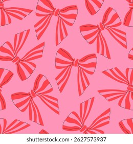 Striped ribbon bow seamless vector pattern. Romantic red and pink repeated background perfect for girly event or valentine's day.