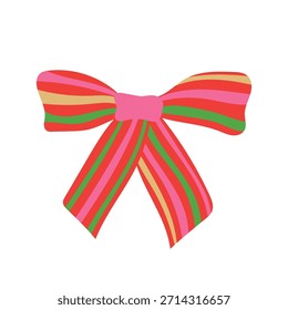 Ilustración vectorial de lazo de cinta rayada. Arco rojo decorativo con rayas coloridas brillantes aisladas sobre fondo blanco. Decoración plana, audaz, festiva para Navidades, fiesta de niñas, diseño de celebración de cumpleaños