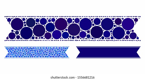 Striped ribbon composition of filled circles in different sizes and color hues, based on striped ribbon icon. Vector filled circles are combined into blue collage.
