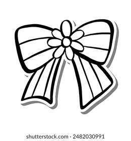 Striped Ribbon with Flower Outline on white silhouette and gray shadow. Vector illustration cartoon style for decorate, coloring and any design.