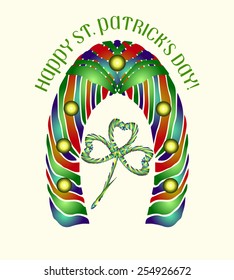 Striped Ribbon Style Shamrock & Horseshoe on beige background. Leaf clover design perfect for St. Patrick's Day. Love Concept Cross. Use to create your postcard, banner, label, your printed T-shirt.