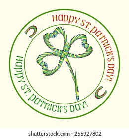 Striped Ribbon Style Shamrock & Horseshoe on beige background. Leaf clover design perfect for St. Patrick's Day. Love Concept Cross. St. Patrick's Day vector stamp. Use to create postcard or T-shirt.