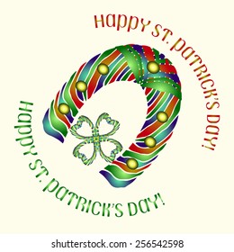 Striped Ribbon Style Shamrock & Horseshoe on beige background. Lucky four-leaf clover design  perfect for St. Patrick's Day. Love Concept Cross. Use to create your postcard, label, your T-shirt.