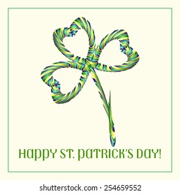 Striped Ribbon Style Shamrock, isolated on beige background. Leaf clover design perfect for St. Patrick's Day. Love Concept Cross. Use to create your postcard, banner, label, your own printed T-shirt.