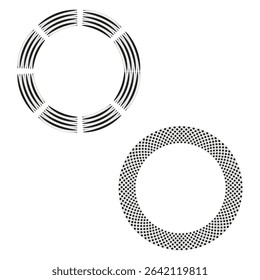 Striped ring pattern. Dotted circle design. Vector geometric shapes. Monochrome border elements.