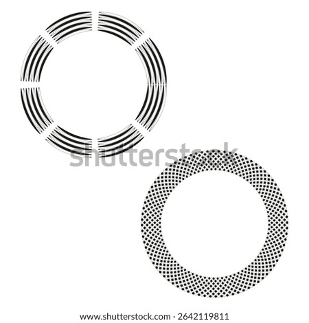 Striped ring pattern. Dotted circle design. Vector geometric shapes. Monochrome border elements.