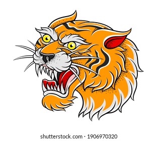 Striped Roaring Tiger Muzzle as Old School Badge Vector Illustration