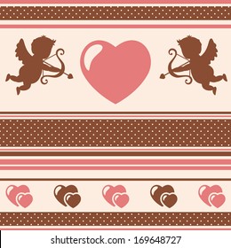 Striped romantic background with hearts and cupids. Vector illustration.