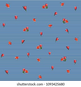 Striped, romantic, seamless pattern with thin white stripes and red small flowers on a blue background. Botanical motifs are scattered randomly. Vector for fashion prints, textiles, wrapping paper