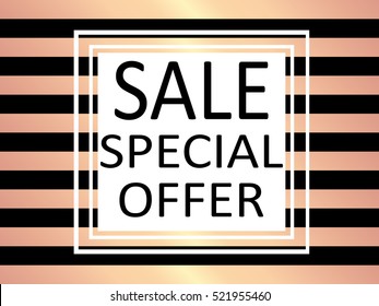 Striped rose gold vintage pattern on black background. Vector illustration for design. Rose gold abstract wallpaper. Elegant luxury art deco pattern. Sale. Special offer.