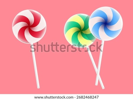 Striped round lollipop. Cartoon vector isolated on pink background