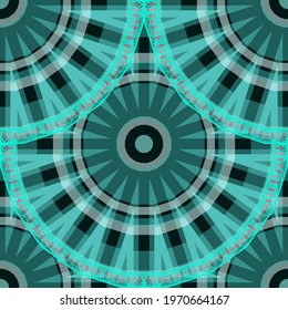 Striped round mandalas seamless pattern. Ornamental vector colorful background. Repeat geometric decorative backdrop. Radial shapes, lines, circles, frames, borders. Fantasy fractal modern ornaments.