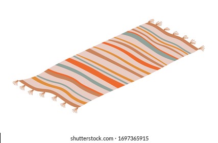 Striped rug floor covering isolated on white. Vector retro mat, carpet thick woven material, interior design element flat design illustration