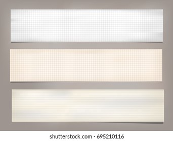 Striped, ruled, squared note, copybook, notebook paper strips stuck on brown background.