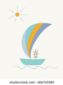Striped sailing ship with a steering wheel under the sun.