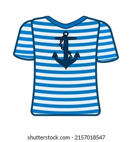 Striped sailor t-shirt isolated on white background.Sea striped shirt with short sleeves in light white blue colors and anchor print.Sea travel element.Marine object.Simple style design singlet.Vector