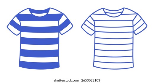 Striped sailor vest t-shirt in marine blue line art style. Hand drawn marine icon. Outline vector isolated illustration.