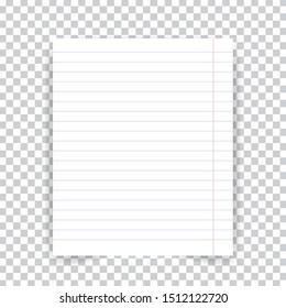 Striped school notebook paper sheet on transparent background. 
