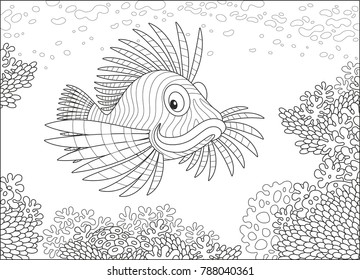 A striped scorpion fish swimming over a coral reef in a tropical sea, a black and white vector illustration in cartoon style for a coloring book